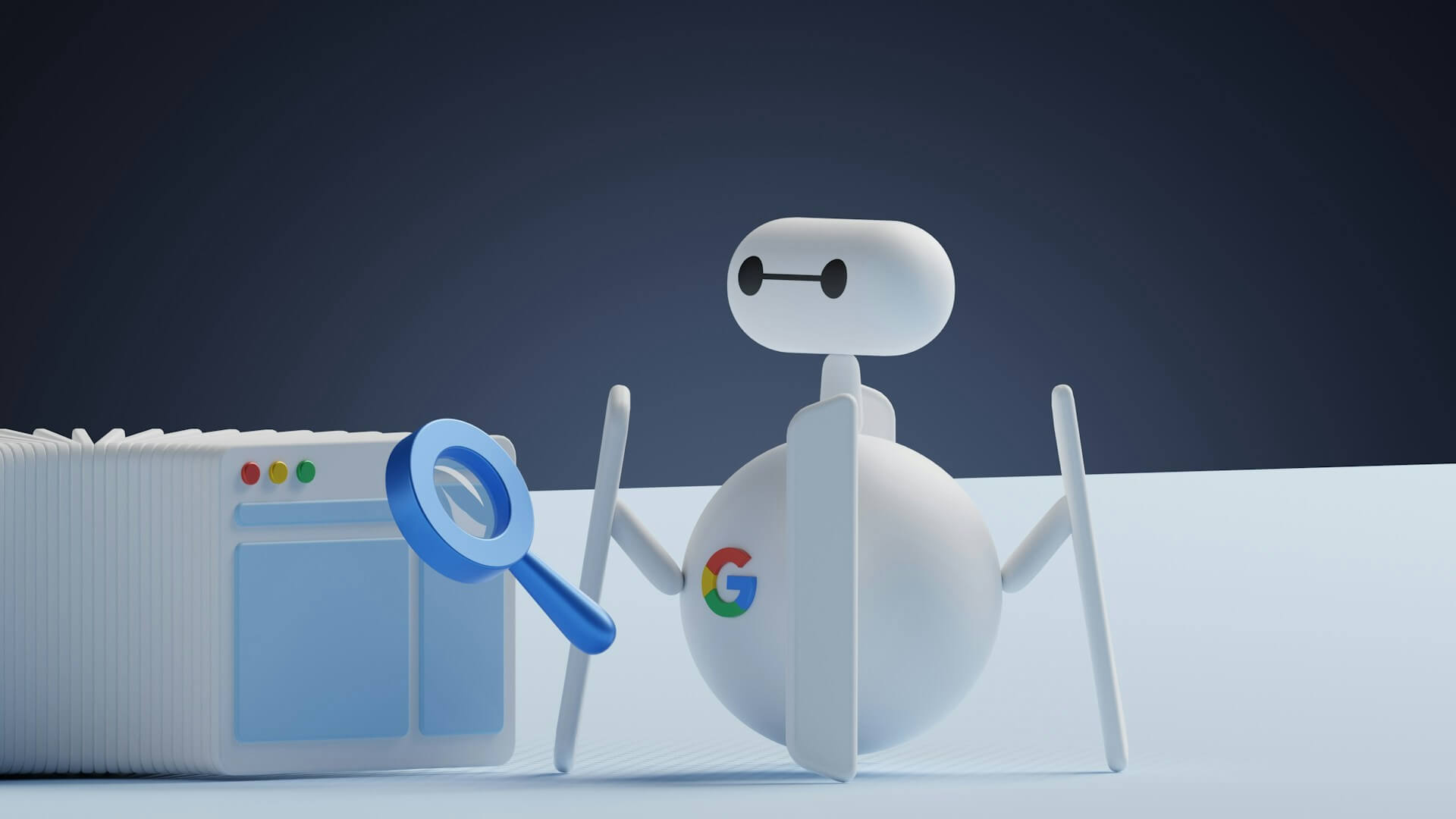 Illustration av robot med förstoringsglas som analyserar webbsidor, symboliserar sökmotorer och SEO-arbete